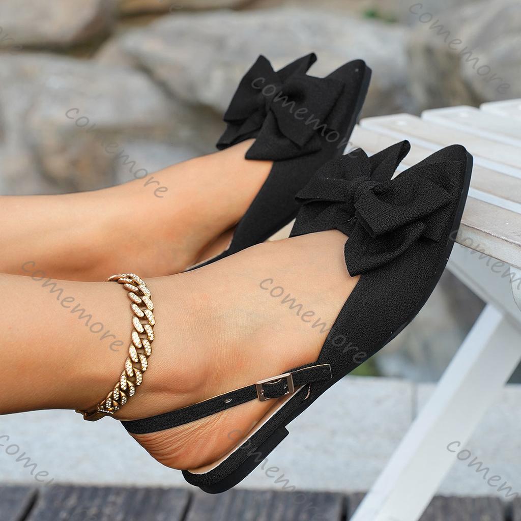 Fashion Comemore Summer Flat Bow Baotou Sandals 2025 Summer New Large Size Pointed Toe Back Empty Casual Women Shoes Solid Suede Sandal