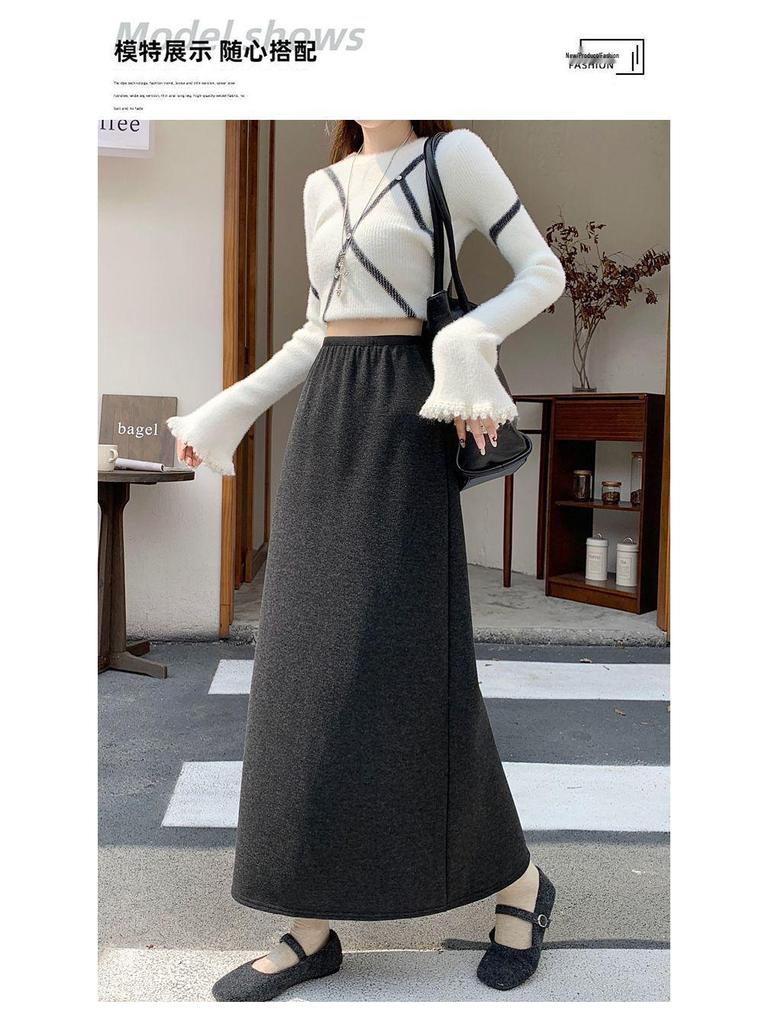 Fluffy Thickened A-Line Wool Skirt for Women - Autumn/Winter 2025, Slimming Mid-Length for Pear Shapes