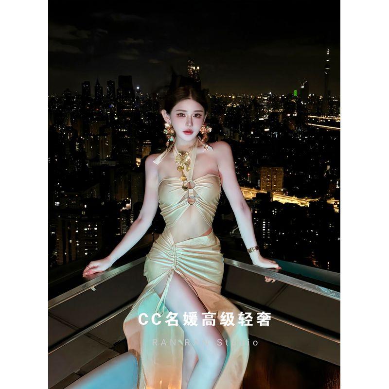 

Модный наряд для вечеринки, сексуальный, с ветром, сексуальный бандажный вырез, шнуровка халтер, открывающий живот, набедренная сумка, высокий разрез, формальное платье Apricot (without necklace) L