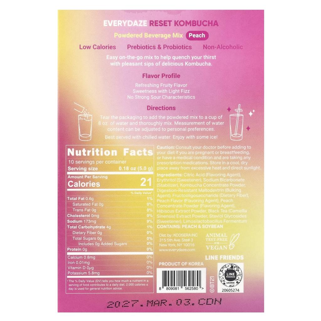 Reset Kombucha, Powdered Drink Mix, Peach, 10 Packets, 5G (0.18Oz) Each