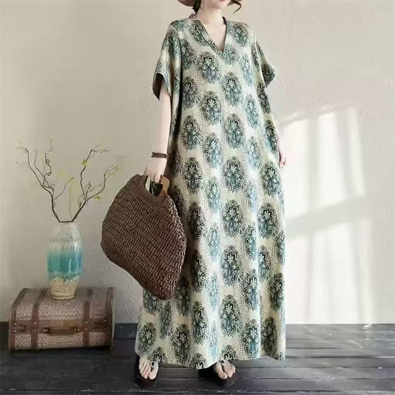 Cotton and linen printed round neck loose large size long sleeve fat MM plus fat plus size fake literary retro dress