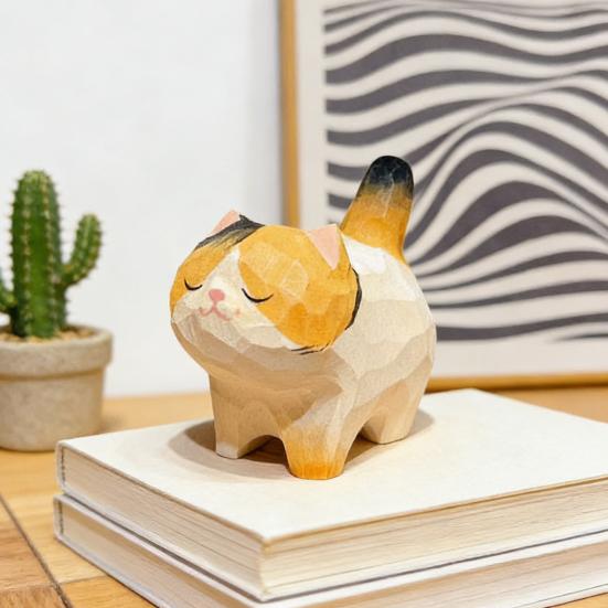 Cat Ornament Hand-Carved Wood Carving Compact Size Kitten Figure Wealth Symbol Desktop Car Bookshelf Decoration