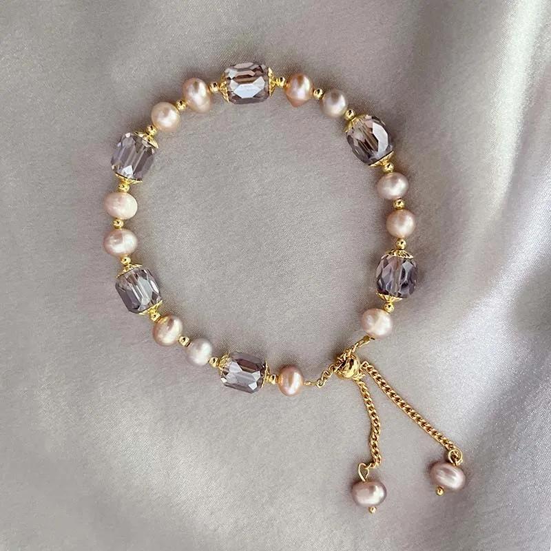 Vintage Purple Imitation Pearl Bracelet for Women Girls Fashion Design Crystal Adjustable Chain Jewelry Gifts