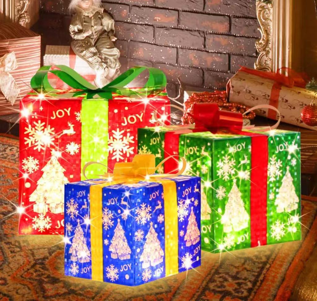 3pcs Lighted Christmas Gift Box Set with Warm LED Lights & Snowy Ribbon Bows  Cordless Holiday Decor (Batteries Not Includ)