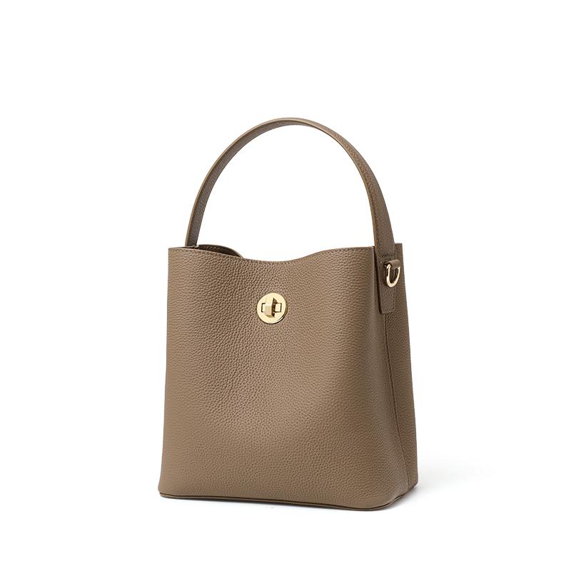 Elegant retro hand-carried water bucket top layer cowhide multi-layered shoulder strap lock tote bag single shoulder cross-body