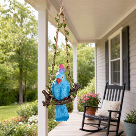 Hanging Parrot Garden Statue Resin Tropical Bird Swing Figurine Outdoor Animal Sculpture for Patio Lawn Garden Balcony Tree Decor