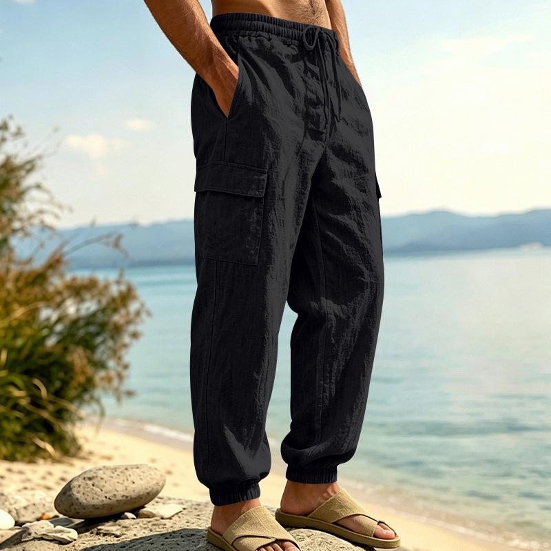 Men Drawstring Elastic Waist Multi Pocket Cargo Jogger Linen Pants Multiple Colors Available