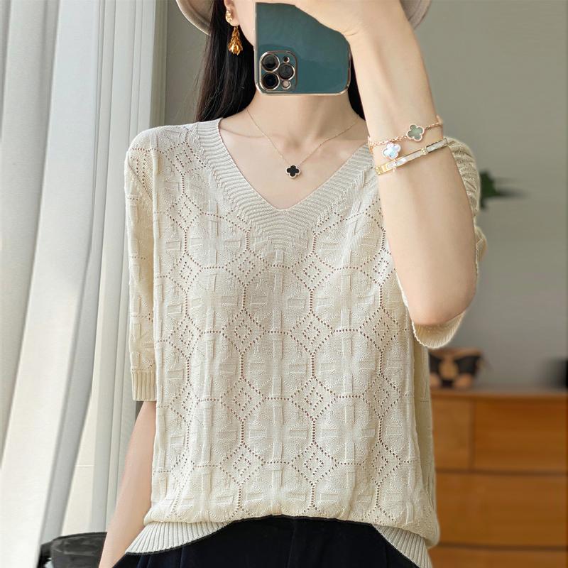 Women Knit T-shirt Summer Knitted Shirt Short Sleeve Tees V-neck Pullover Knit Tops Female