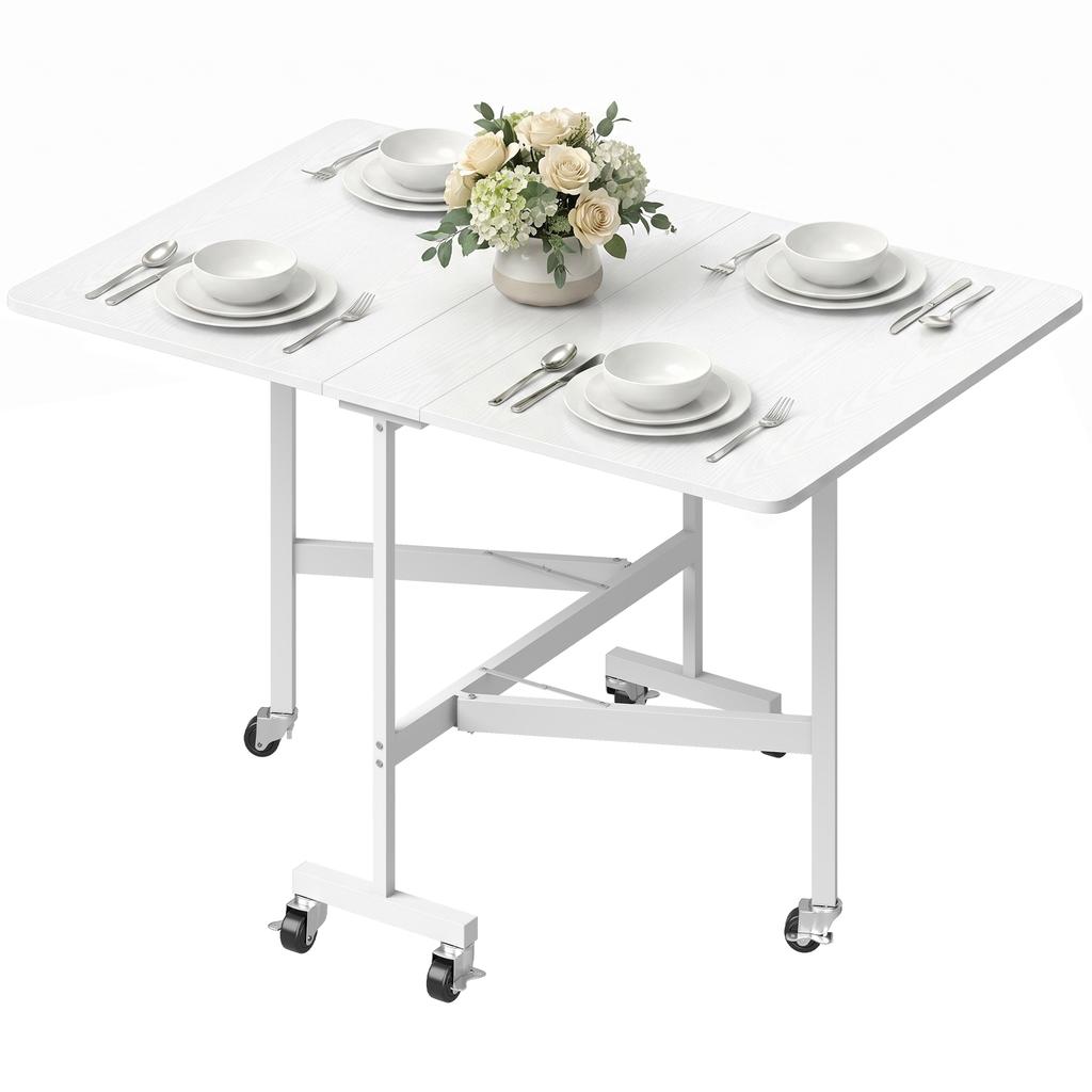 Folding Dining Table on Wheels, 4-6 People, 120 cm, Braked Wheels, 2 Drop Leaves, Industrial, White