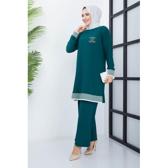 Islamska szafa damska prążkowana tunika spodnie garnitur hidżab