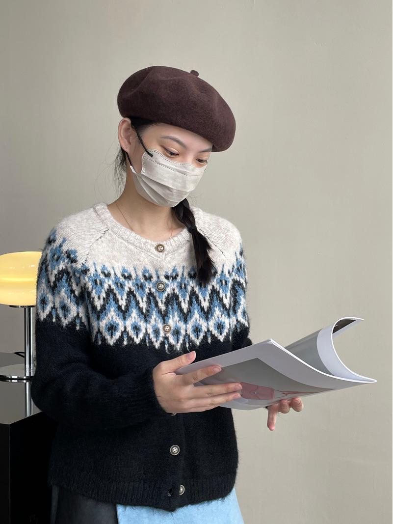 

Женский шерстяной кардиган-свитер Taochuan Fair Isle Love - круглый вырез, однобортный, ретро-вязаный свитер для осени/зимы One Size