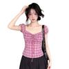 Plaid short-sleeved shirt women's spring and summer new design slim-fitting shirt Korean waist short top women