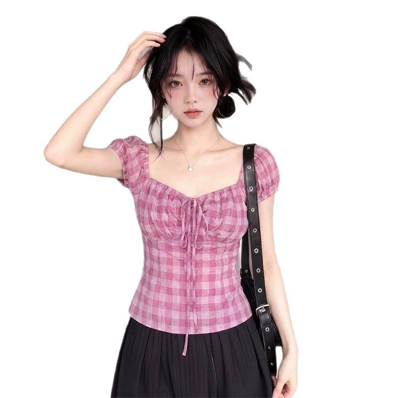 Plaid short-sleeved shirt women's spring and summer new design slim-fitting shirt Korean waist short top women
