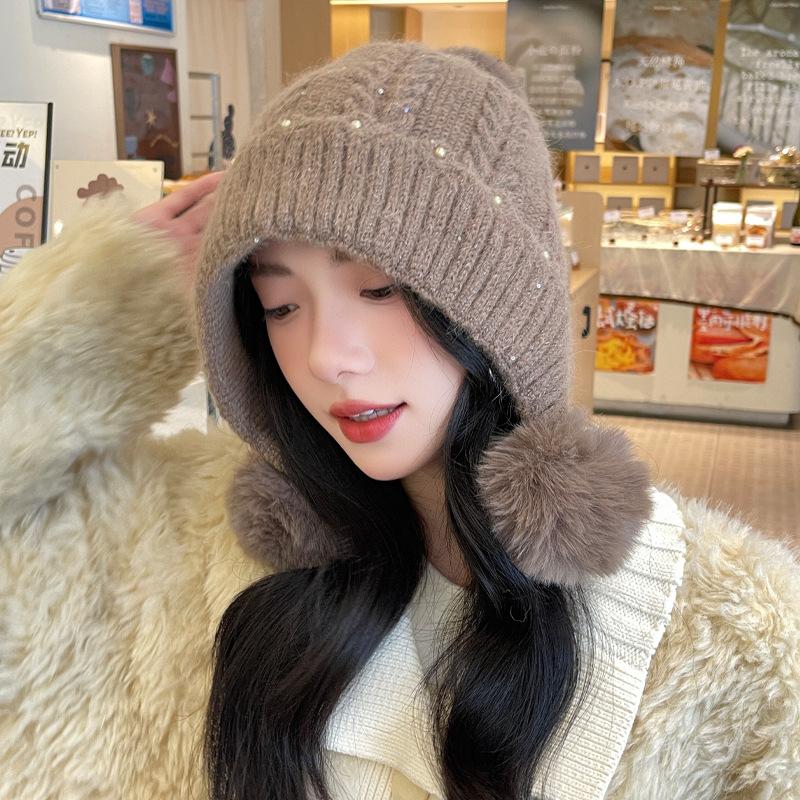 Cute Hairball Hat Women's Thickened Warm Ear Protector Knitted Hat Fashionable Solid Color Casual Wool Hat