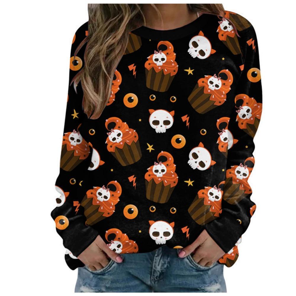 Women's Fashion Casual Hoody Autumn Winter Halloween Evil Witch Dark Castle Horror Party Print Sweatshirts Long Sleeved O Neck Hoodies Female Tops