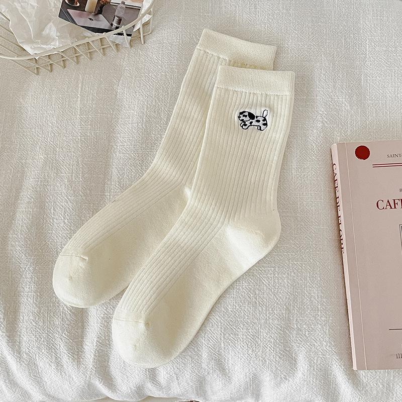 

Белые носки с щенками для женщин на осень и зиму, однотонные хлопковые носки, милые мультяшные носки до середины икры без косточек для женщин 1 pair белый