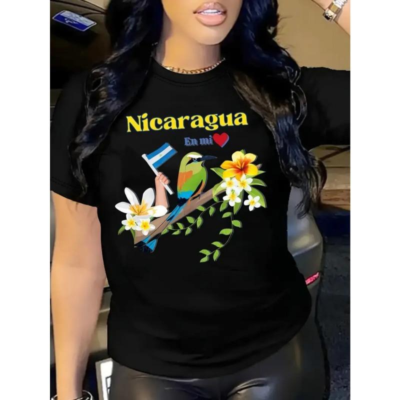 

Women Black Nicaragua Flag Parrot Floral Graphic T-Shirt Casual Short Sleeve Daily Wear Travel Top 4XL чорний