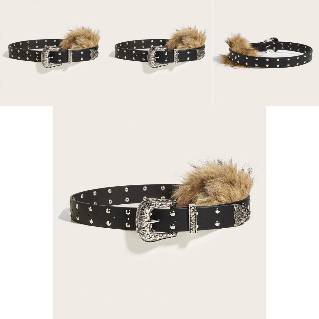 Rivet Leather Wide Waist Belt Artificial Fur Design And Carved Needle Buckle For Everyday Wear