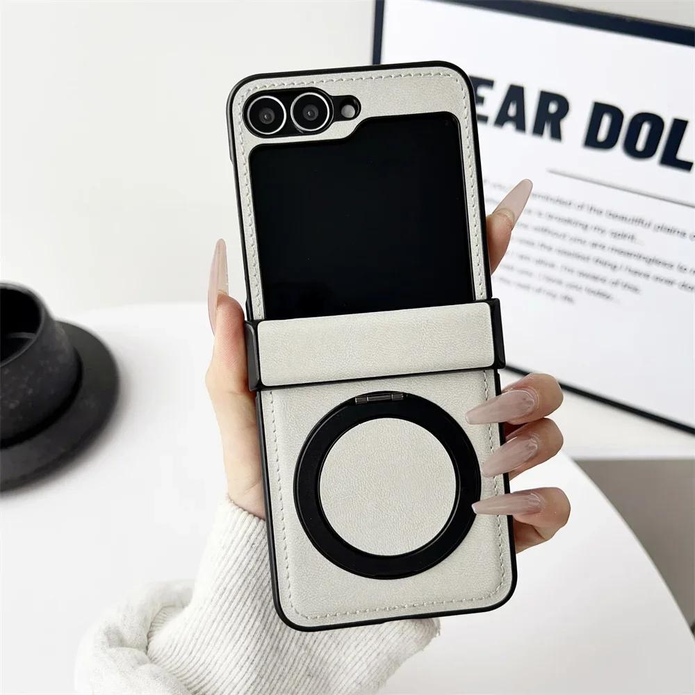 Premium Magnetic Rotating Bracket Phone Case for Samsung Galaxy Z Flip 7 FE 6 5 4 3 5G Leather Hinge Protective Shockproof Cover
