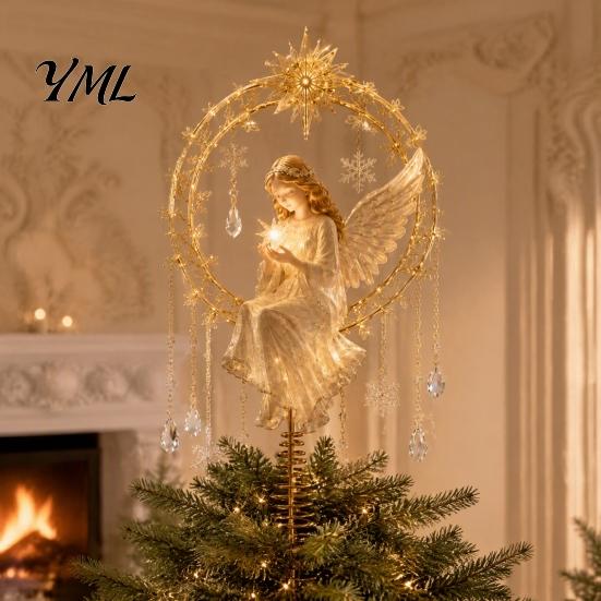 Acrylic Angel Topper Christmas Tree Topper, Winged Treetop Ornament with Fireplace Spring Base for Xmas Tree, Holiday Home Party Decor