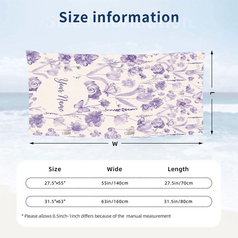 Purple Floral Art Theme Quick Dry Beach Towel Custom Name Text Print Large Sand Resistant Towel Beach Vacation