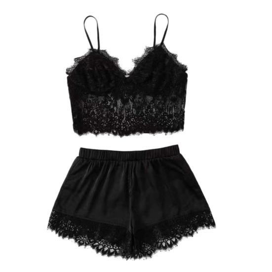 Women Pajama Set Lace Pajama Top Satin Shorts with Black Silk Bow And Lace Trim Sexy Lace Camisole Set for Women Home Sleepwear Gift