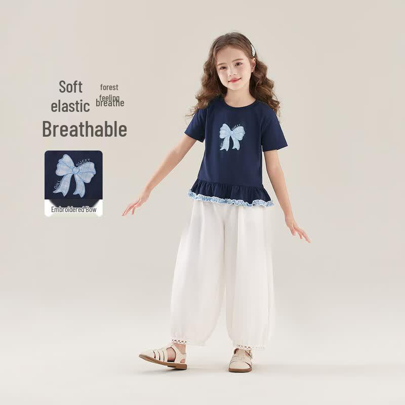 JELLYBABY Girls' French Bow Lace Short Sleeve T-Shirt