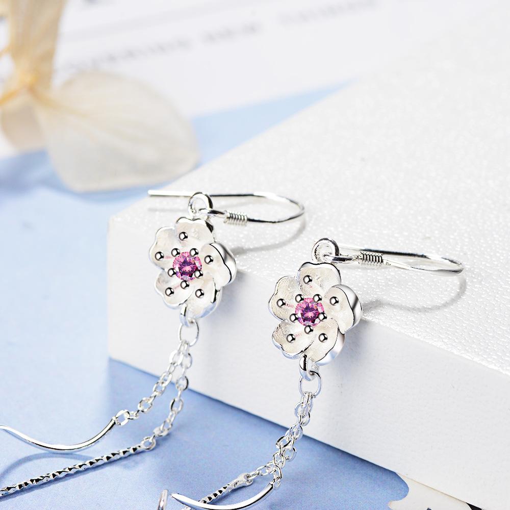 Lihong 925 Silver Pendant Necklace Earrings Sakura Tassel Set Engagement Jewelry Gifts for Women