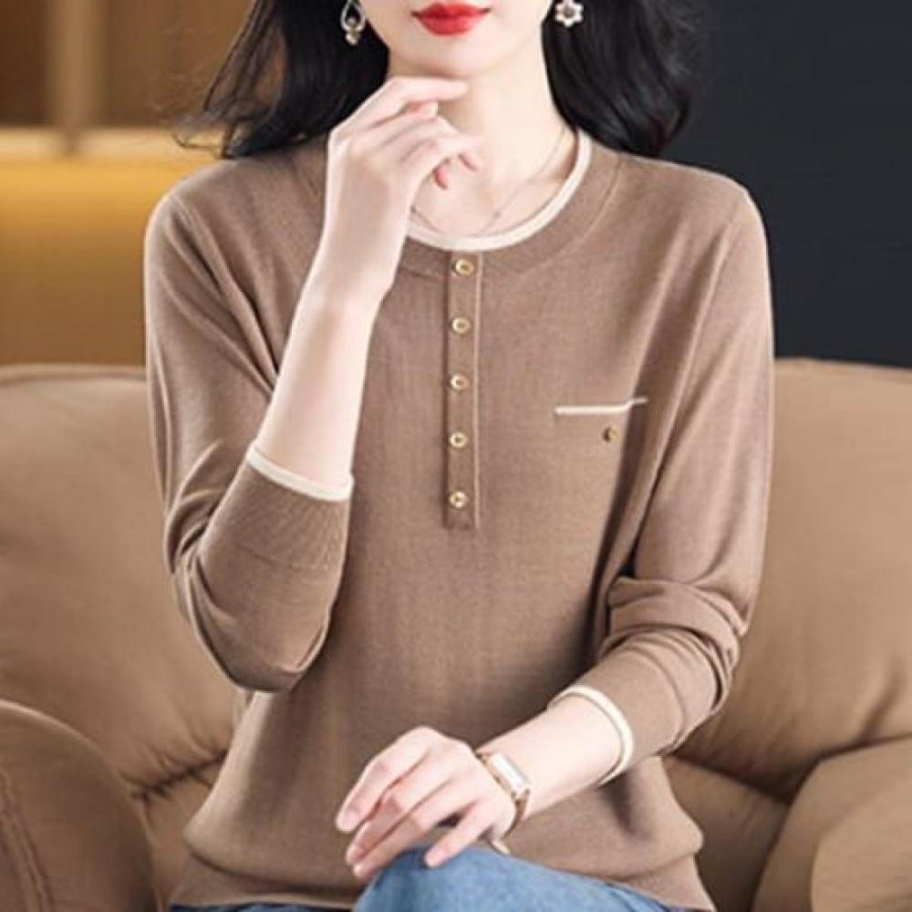 Navava Long Sleeve Knit Top With Color Block And Button Detail Round Neck Nk3571