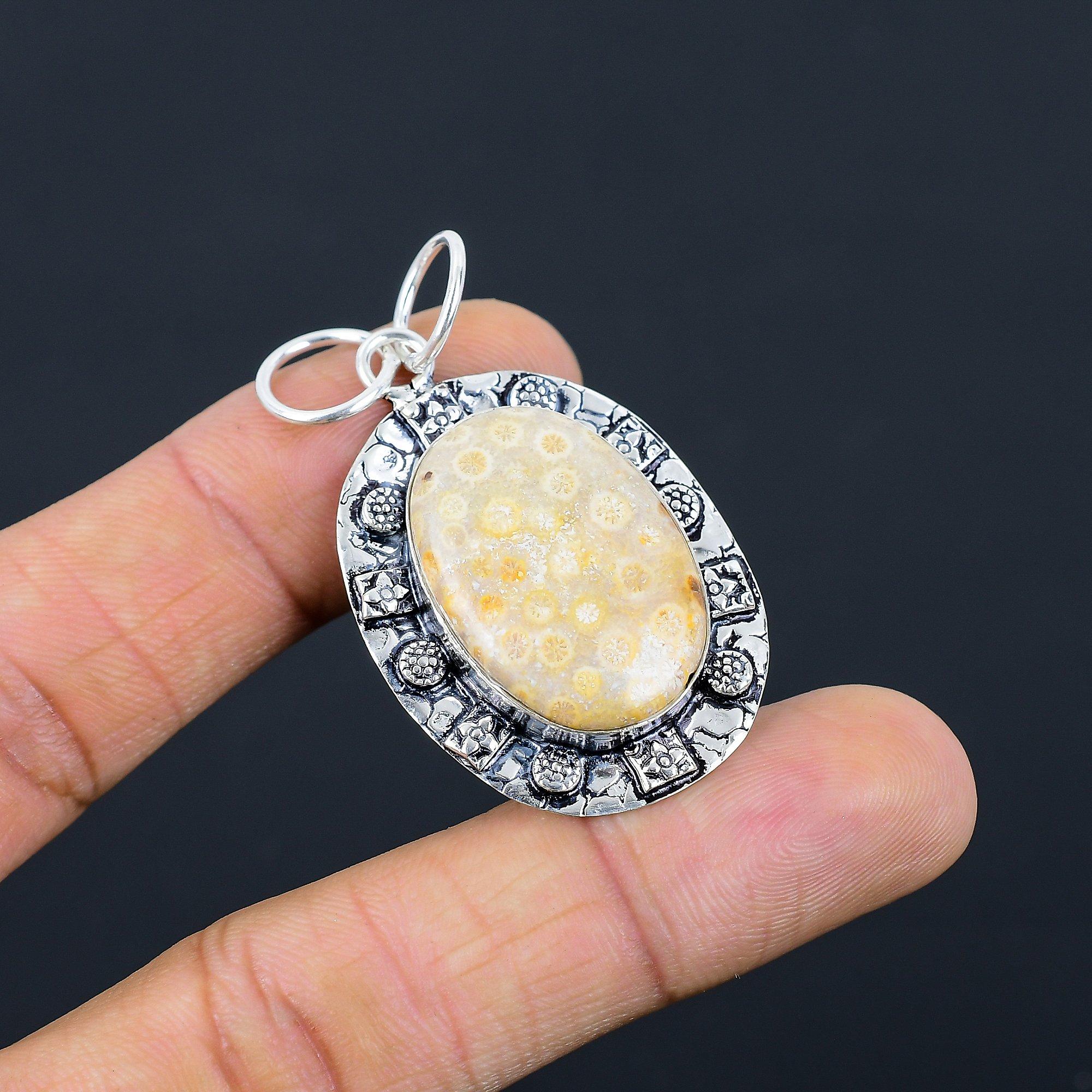 

Womens day Deal Oval Fossil Coral Gemstone Trendy Pendant 925 Sterling Silver