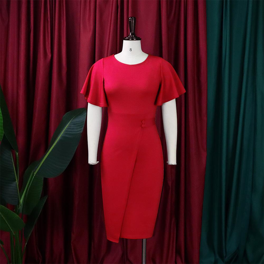 Spring and Summer Large Size Solid Color High Waist Temperament Commuter Ruffle Sleeve Package Hip Long Dresses