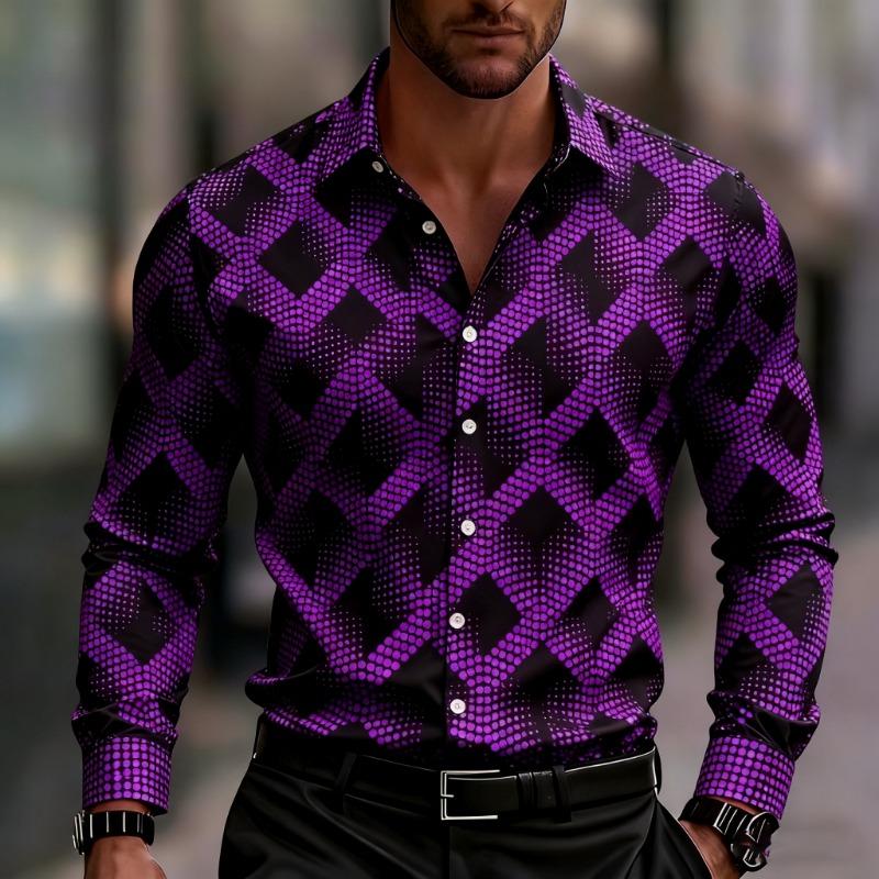 Men's Long-sleeved Geometric Print Shirt, Stylish Button-down Shirt, with Square and Striped Patterns for Everyday Wear.