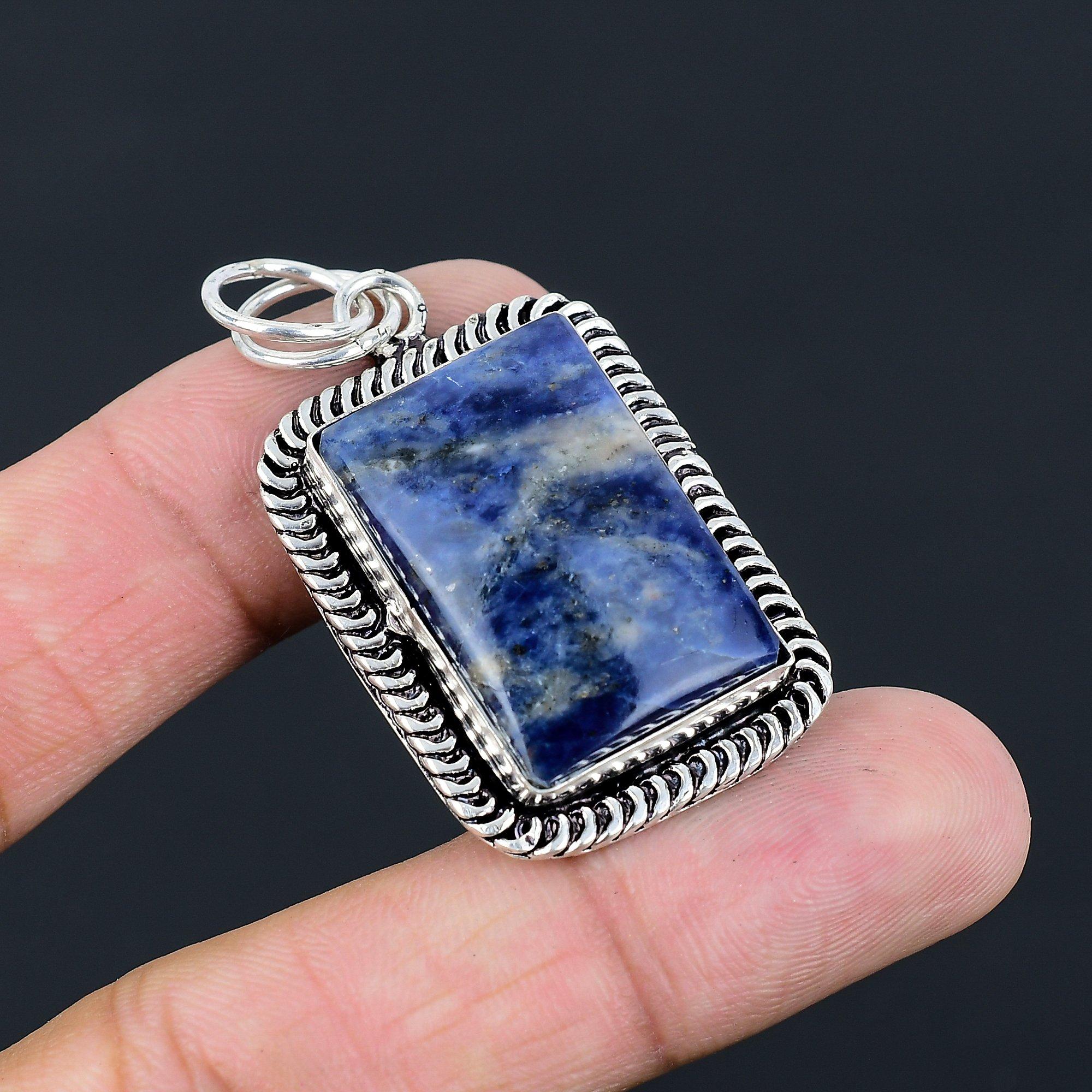 Daughters Day Deal Sterling Silver Sodalite Gemstone Bezel Boho Pendant Jewelry