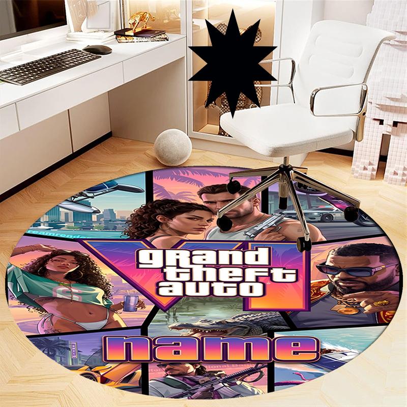 Custom Name GTA 6 Printed Round Rug Carpet Chair Rug Area Rug Entryway Doormats,for Office Chair Living Room Bedroom Kitchen Room.