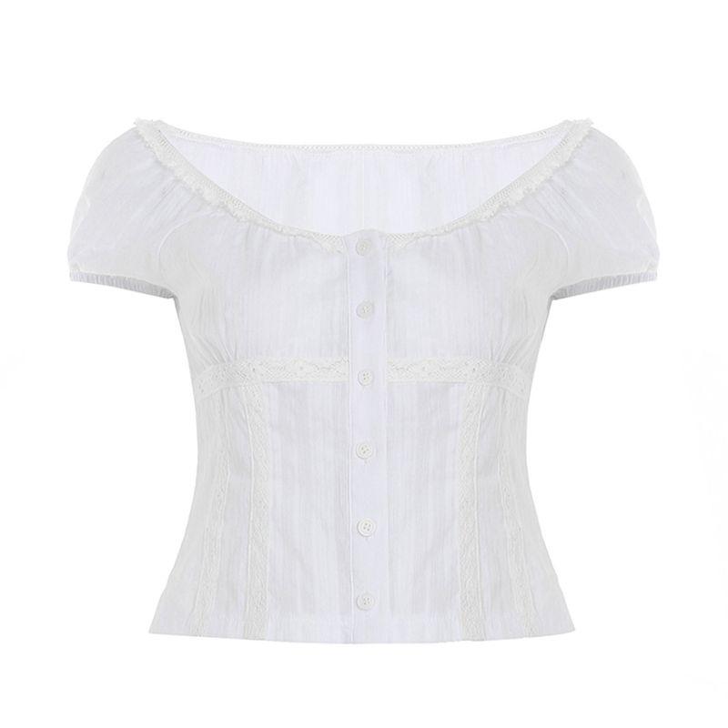 

Solid Color Gentle Style Short-Sleeve Lace Shirt Women s Summer 2026 New Slim-Fit T-Shirt Top Trendy White M