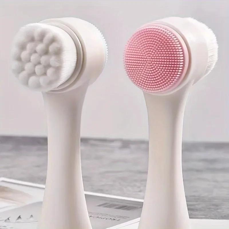 1Pc Double-sided Silicone and Soft Bristle Face Wash Brush Facial Exfoliation Pores Deep Cleaning Brush