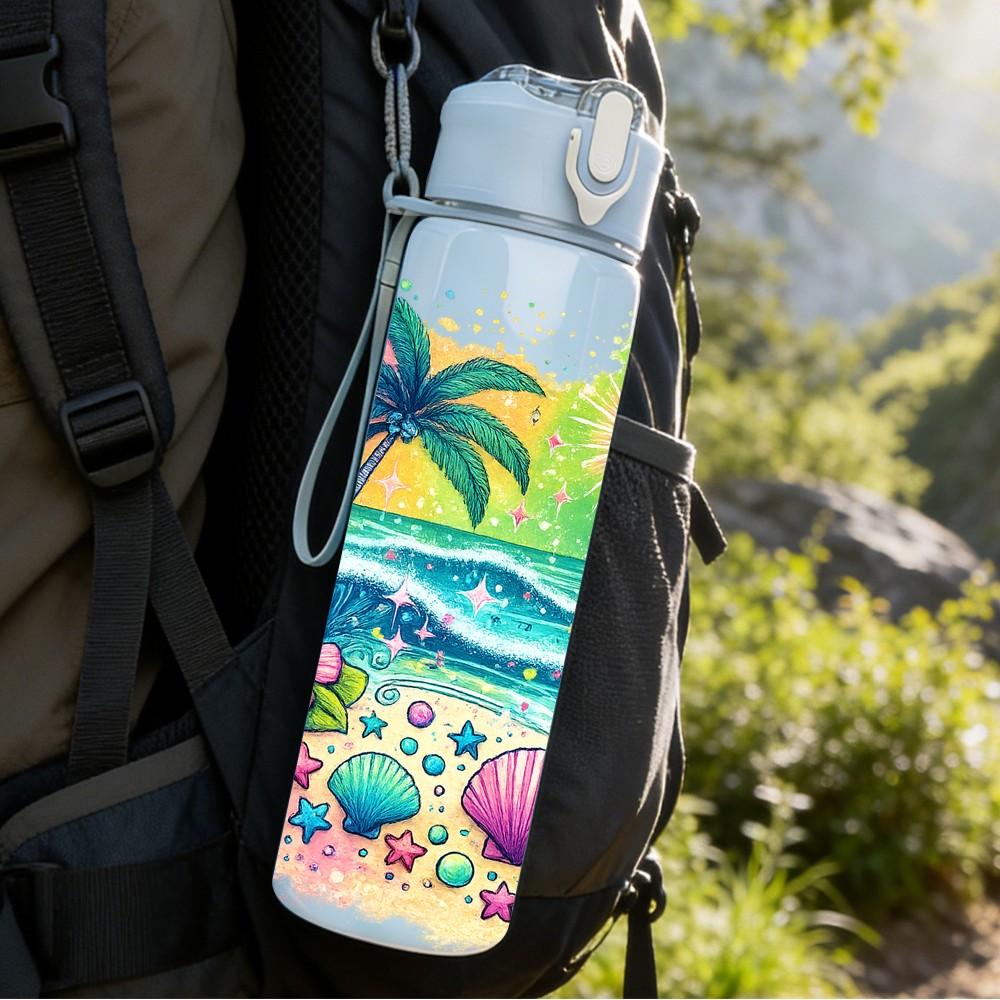1PC Tropical Beach Palm Starfish Print 750ml Color Plastic Sports Water Bottle Leakproof Flip Straw Lid Suitable for Sports Office Home Use