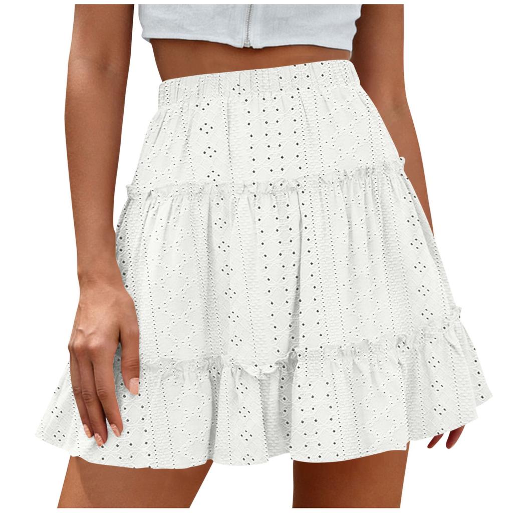 Women’s High Waist Tiered Mini Skirt with Elastic Waistband and Eyelet Embroidery Flared A-Line Design for Casual Wear
