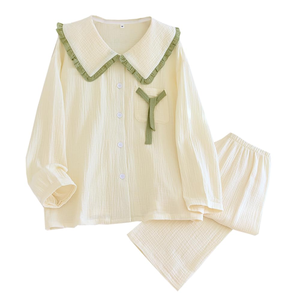 

IDOHEMO Gauze Loungewear Set for Long Comfortable and Loose Size M Women s Pajamas, 100% Cotton, Girls, Sleeves, Fit, Beige,