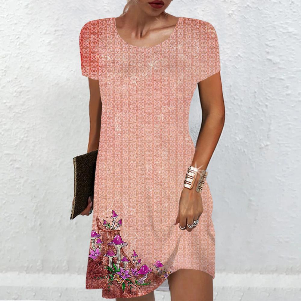 Summer Vintage Floral Print A-Line Dress Women Fashion Plus Size Short Sleeve Mini Dress Casual Retro Loose Female's Dress 2025