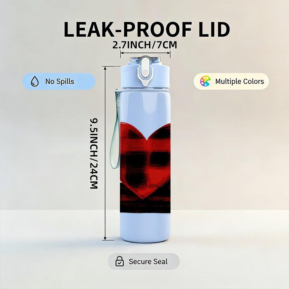 1PC Red Black Plaid Heart 750ml Color Plastic Sports Water Bottle Leakproof Flip Straw Lid Suitable for Sports Office Home Use