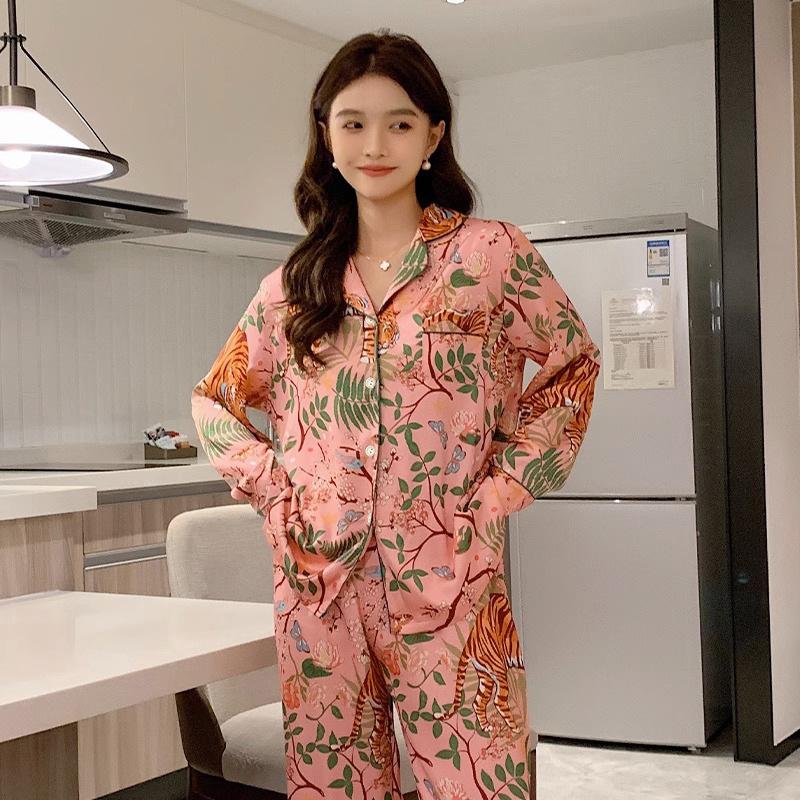 Pyjama Damen High-End Eis Seide Langarm Anzug Frühling Und Sommer Leichter Luxus Dschungel Tiger Muster Loungewear