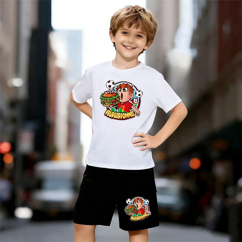 

Boys 2 Piece Hamburger and Fries Print Outfit, Short Sleeve T-Shirt and Shorts Set for Kids Age 5-14, Black and White Sporty Casual Summer Clothes 13-14 Years білий