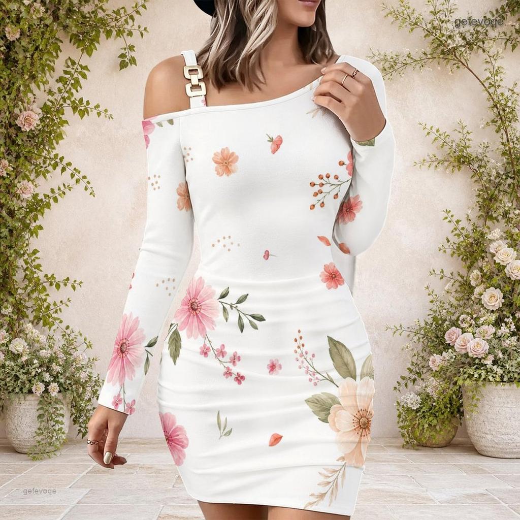 Plus Size Ladies Slanted Off Shoulder Long Sleeve A Line Dress