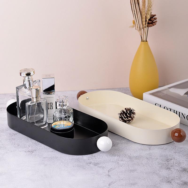 Creative Fruit Plate Metal Round Candy Dish with Handle Oval Table Tray Large Storage Tray for Living Room Snacks Decoration