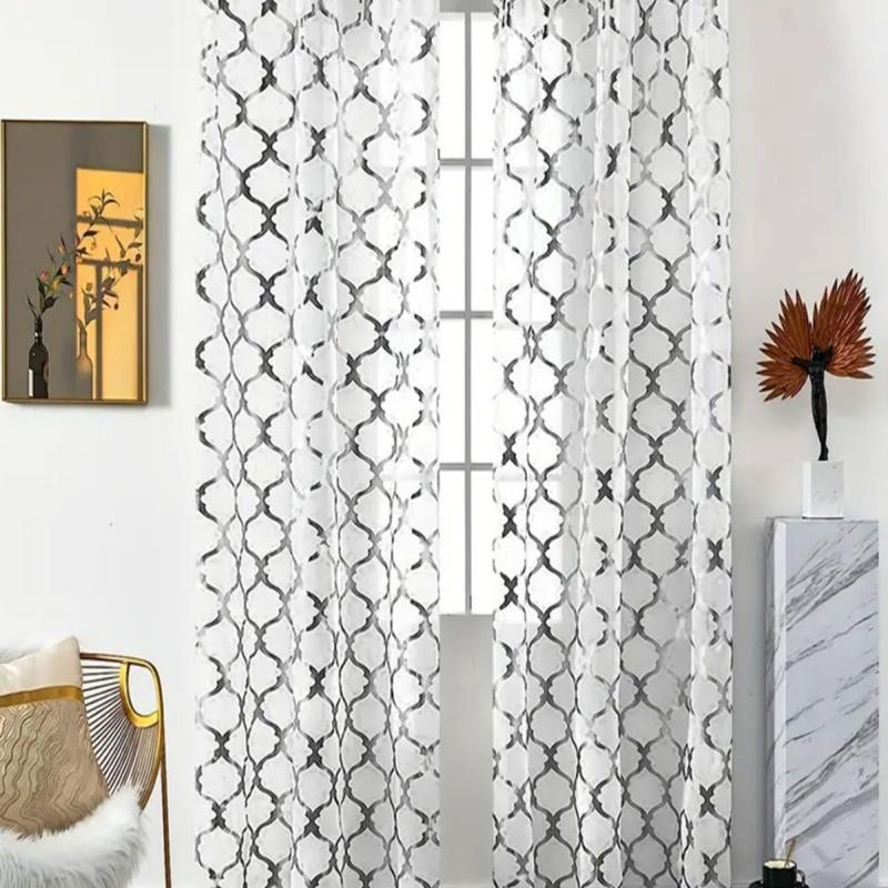 Geometric Gold Foil Sheer Curtains – Set of 2 Panels, Semi-Blackout, Light Filtering Window Curtains