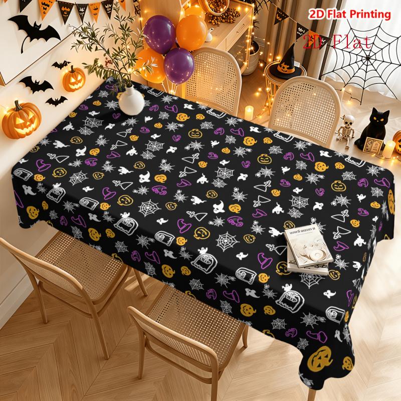 2D Flat 1pc Tablecloth, Halloween-Themed Tablecloth Pattern Featuring Pumpkin Lanterns, Ghosts, Spider Webs, Tombstones, Witch Hats, Bats, And Other E