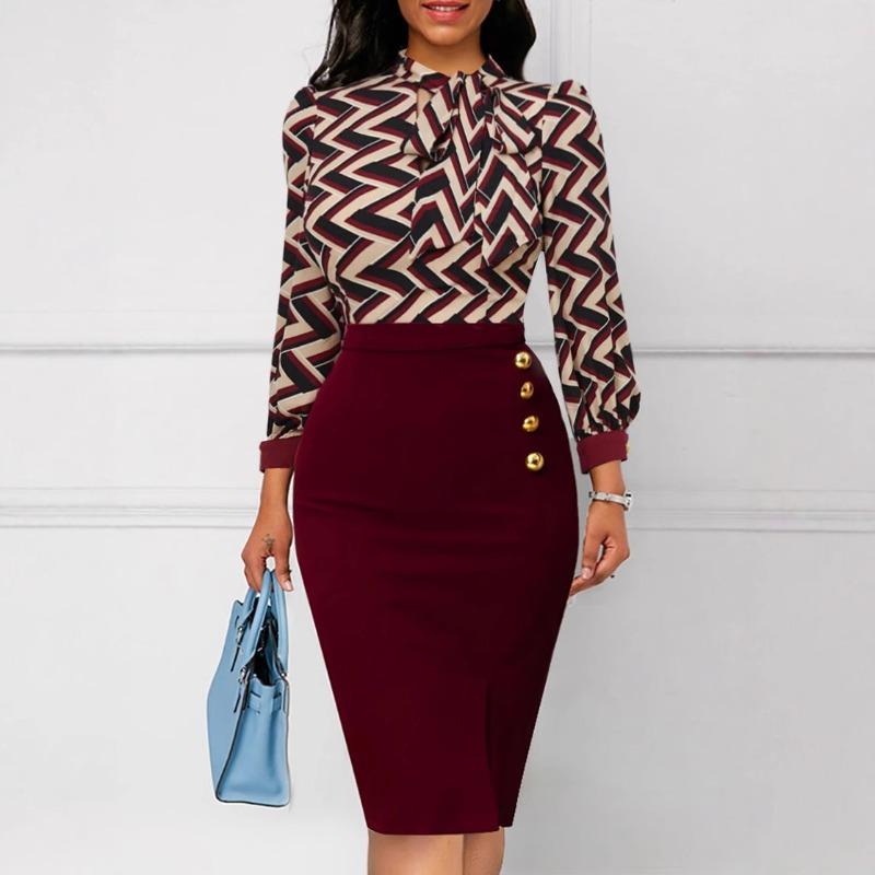 Spring and Autumn Women's Patchwork Dress Temperament Commuter Split Package Hip Dress