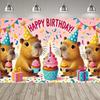 Lindo Fondo Temático de Fiesta de Capibara y Conejo de las Indias, Pancarta con Estampado de Pastel y Globos de Colores para Decoración de Fiesta Infantil