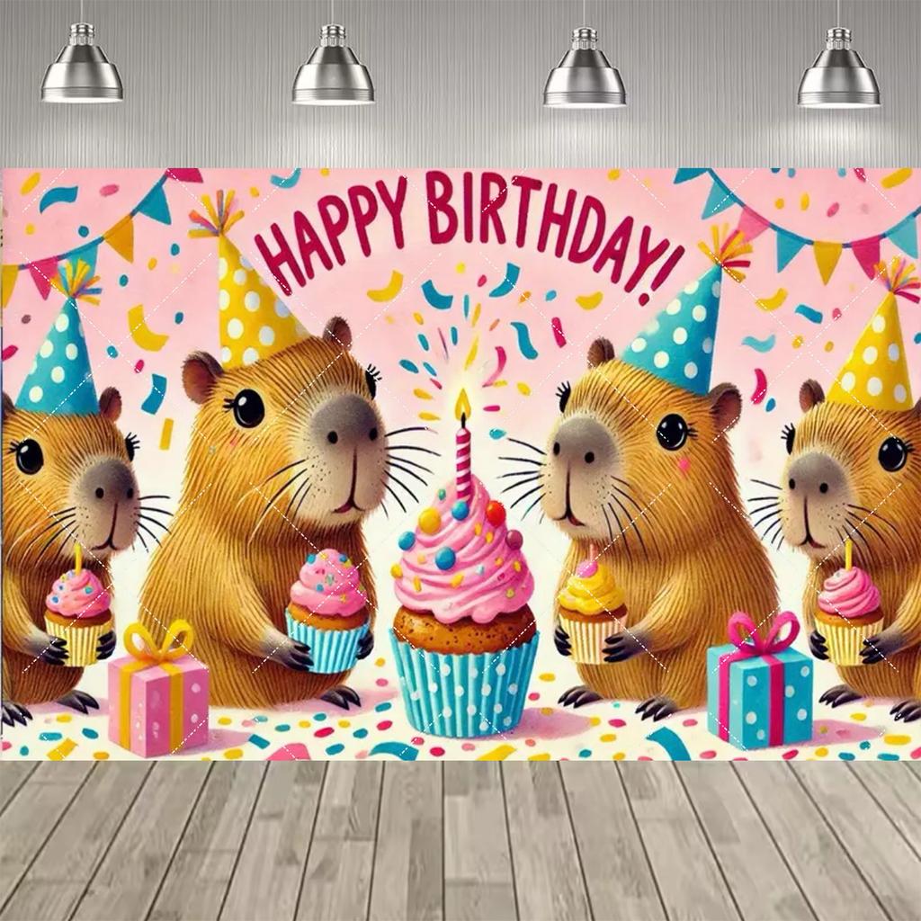 Lindo Fondo Temático de Fiesta de Capibara y Conejo de las Indias, Pancarta con Estampado de Pastel y Globos de Colores para Decoración de Fiesta Infantil